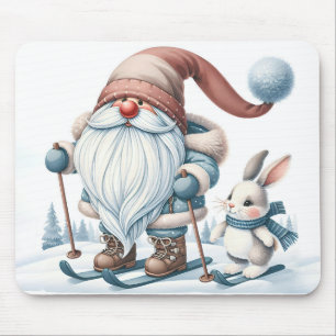 Mousepad Gnome esquiando com coelhinho