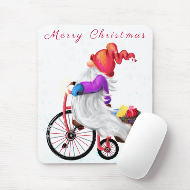 Mousepad Gnomo de presente do rato de Natal com bicicleta e (Com mouse)