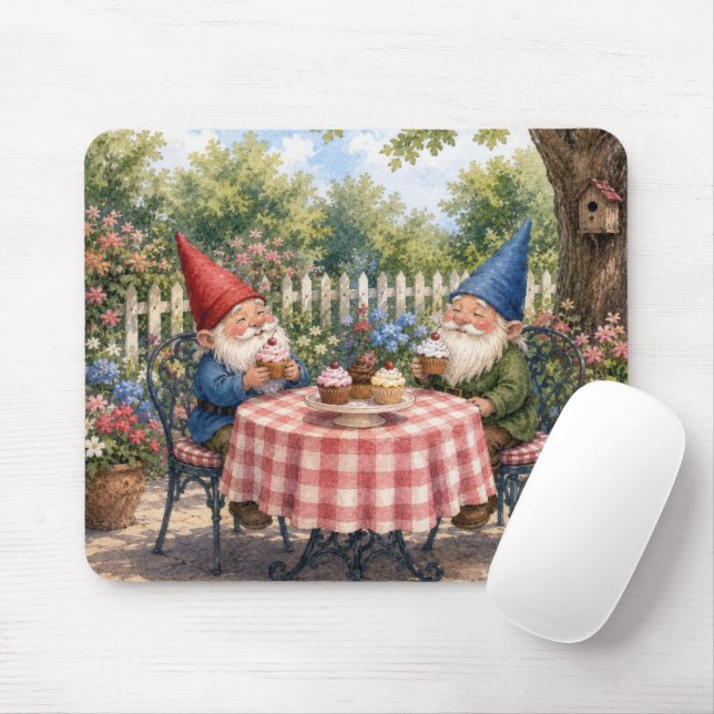 Mousepad Gnômos de Jardim Comendo Cupcakes (Com mouse)