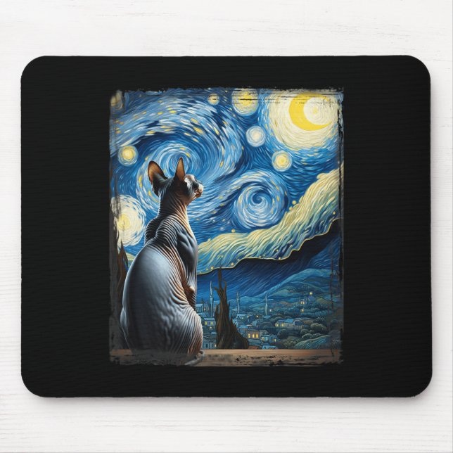 Mousepad Gogh Starry Night Style Artístico Sphynx Cat (Frente)