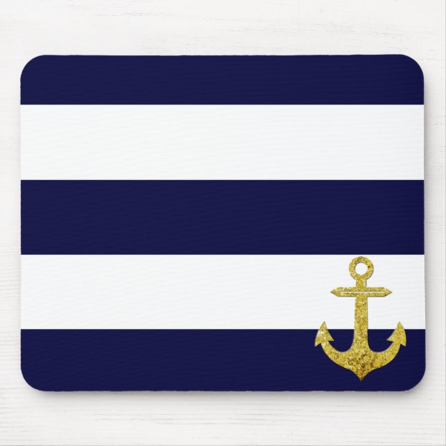 Mousepad Gold anchor nautical stripes  (Frente)