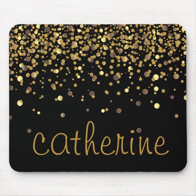 Mousepad Gold Confetti Glitter Black Faux Foil Glittery (Frente)