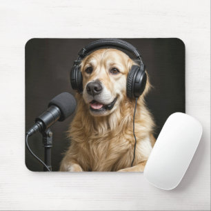 Mousepad Golden Retriever Apresentando um Podcast