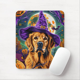 Mousepad Golden Retriever Assustador de Halloween Bruxa Abó