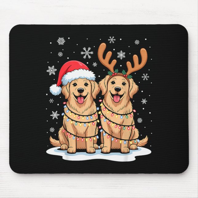 Mousepad Golden Retriever Christmas Santa Hat Reindeer Ligh (Frente)