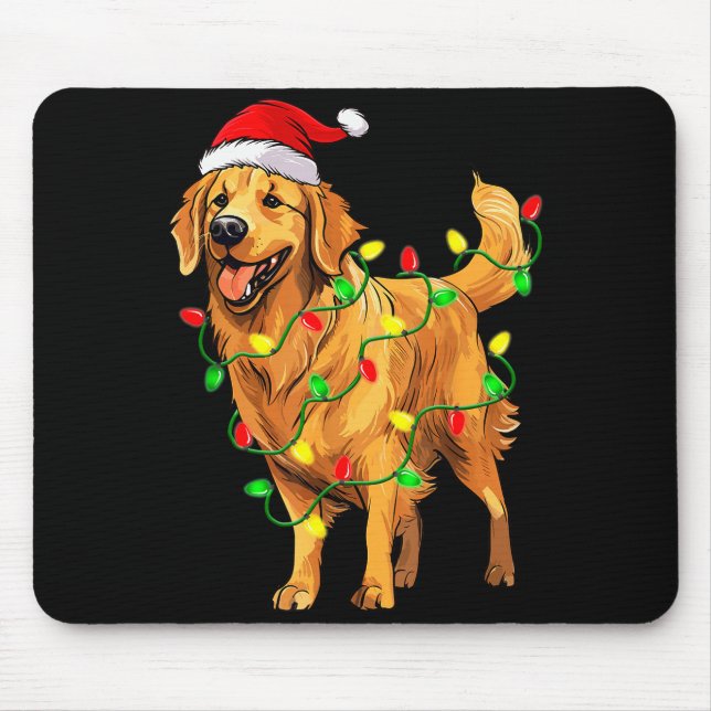 Mousepad Golden Retriever Christmas Santa Hat Tree Lights P (Frente)