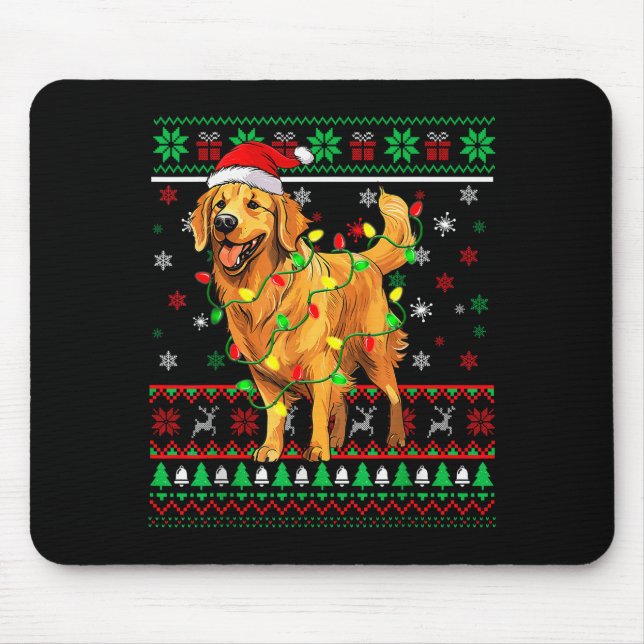 Mousepad Golden Retriever Christmas Santa Hat Tree Lights P (Frente)