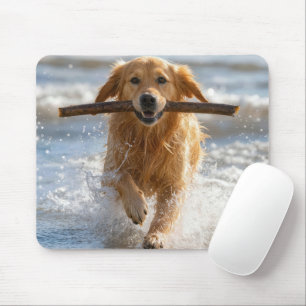 Mousepad Golden Retriever Correndo com um Pau de Praia