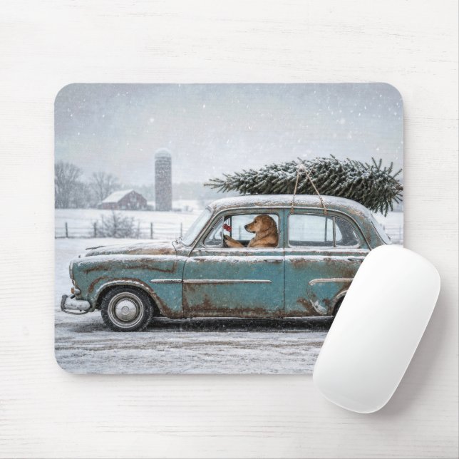 Mousepad Golden Retriever dirigindo carro retrô com pinheir (Com mouse)