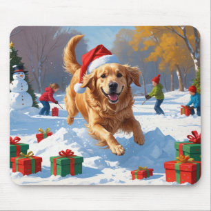 Mousepad Golden Retriever na Neve com Chapéu de Natal