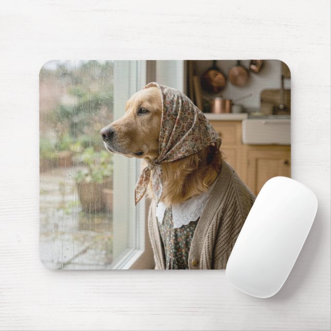 Mousepad Golden Retriever olhando pela janela chuvosa (Com mouse)