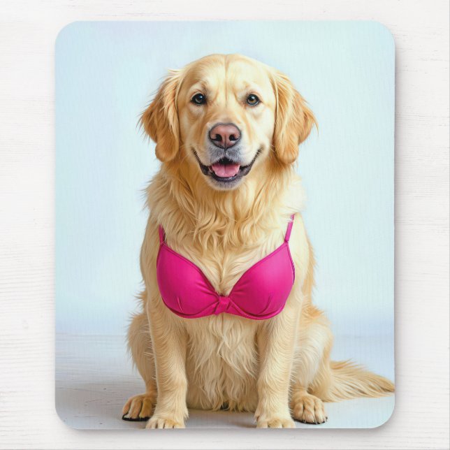 Mousepad Golden Retriever Usando um Sutiã Rosa (Frente)