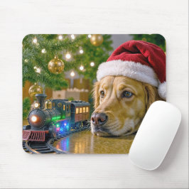 Mousepad Golden Retriever Watching a Christmas Toy Train