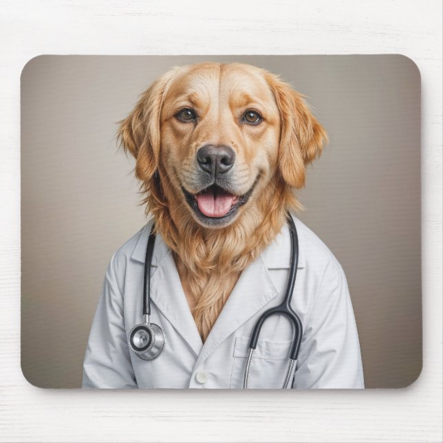Mousepad Golden Retriever Wearing a White Lab Coat (Frente)