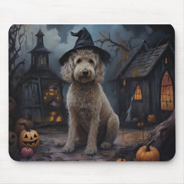 Mousepad Goldendoodle Pumpkins Halloween Assustado (Frente)
