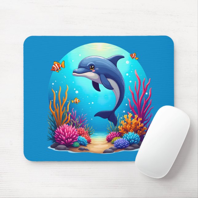 Mousepad Golfinho Whimsical em recife de coral vibrante (Com mouse)