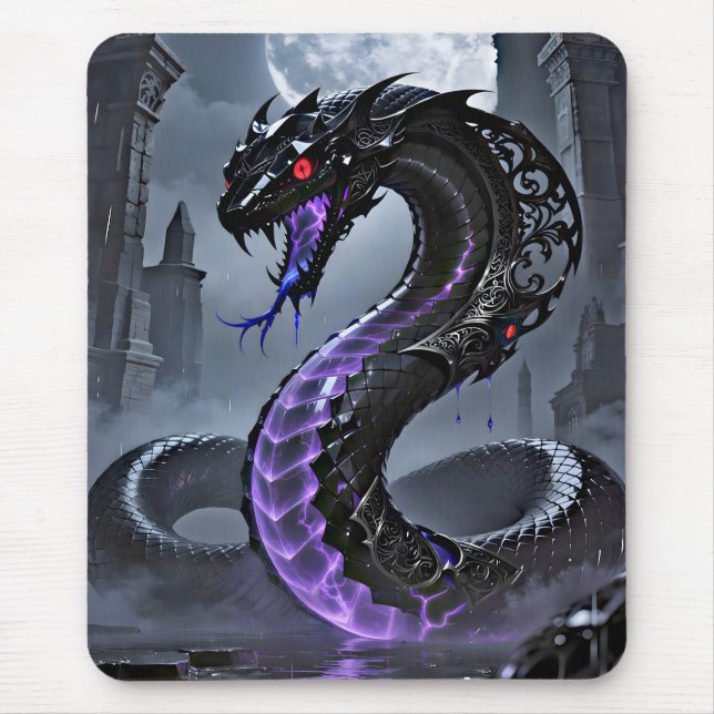 Mousepad Gothic Black Serpent Glowing Purple Neon Fantasy  (Frente)