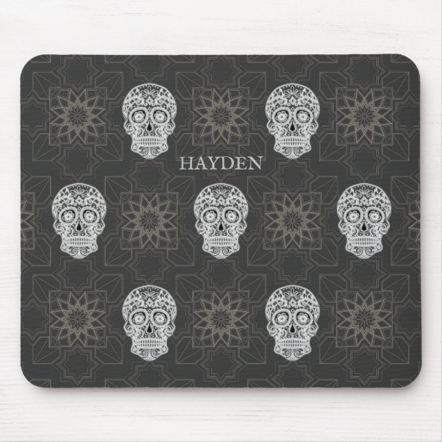 Mousepad Gothic Sugar Skull and Grey Geometric Pattern (Frente)