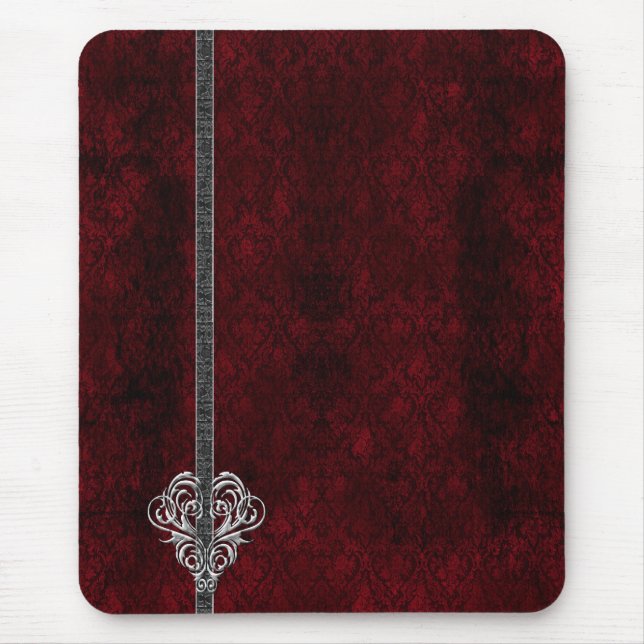 Mousepad Gótico Red Silver Heart Damask (Frente)