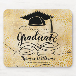 Mousepad Graduation Black Grad Cap Script Gold