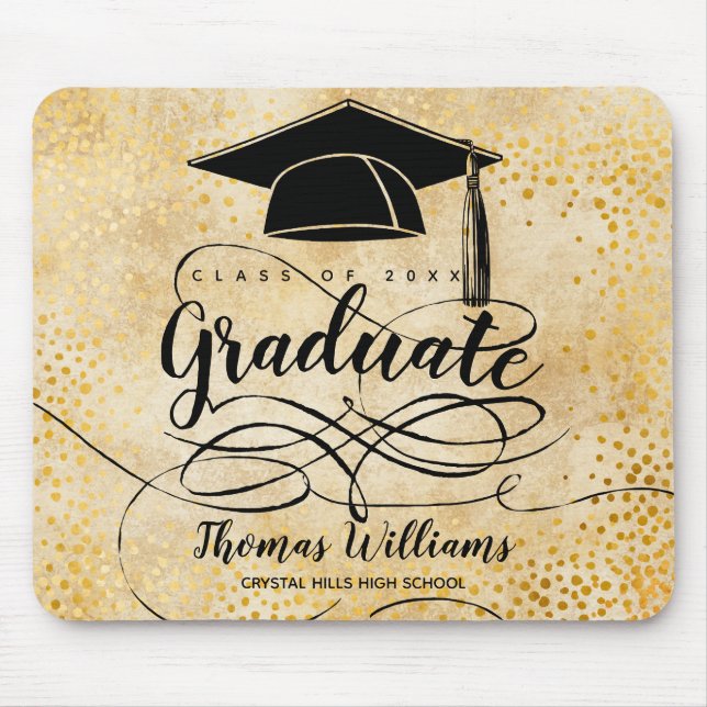 Mousepad Graduation Black Grad Cap Script Gold (Frente)