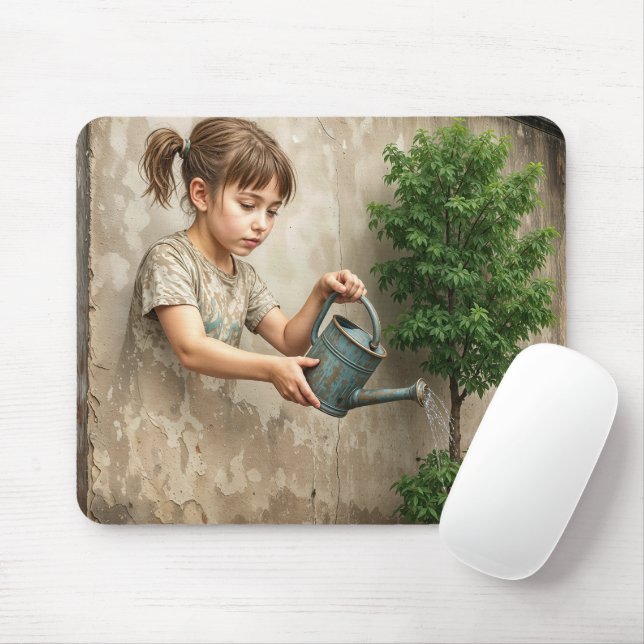 Mousepad Graffiti Art of Young Girl Watering a City Tree (Com mouse)