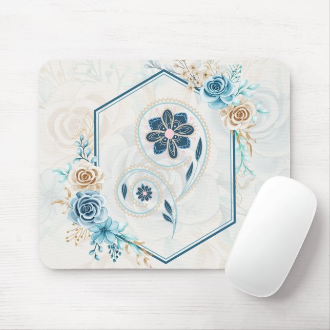 Mousepad Gráfico Floral Azul e Teal, "Revitalizando a Vida" (Com mouse)