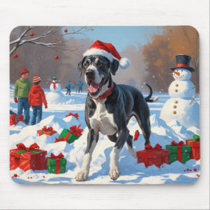 Mousepad Grande Danois Correndo na Neve com Chapéu de Natal