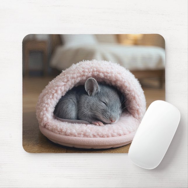Mousepad Gray Mouse Sleeping in a Pink Slipper (Com mouse)