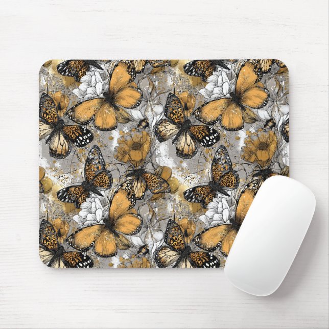 Mousepad Gray White Gold Floral Butterflies Elegant (Com mouse)
