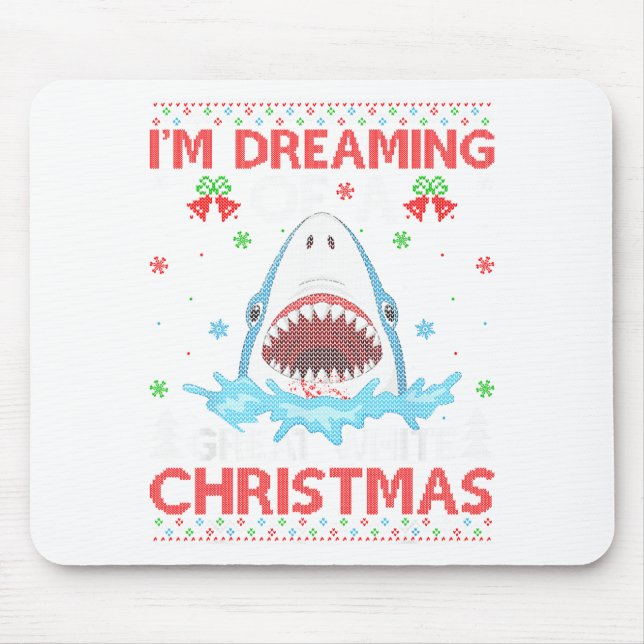 Mousepad Great White Shark Ugly Xmas Sweater Shark Fishing  (Frente)