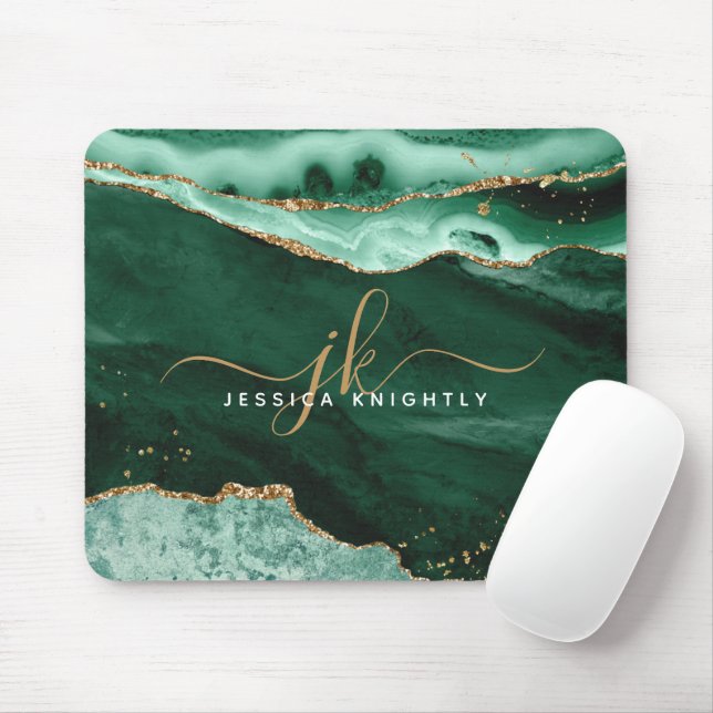 Mousepad Green Agate Geode Gold Glitter Script Monogram (Com mouse)