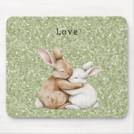 Mousepad Green Glitter Sweet Brown Cream White Bunny Hugs
