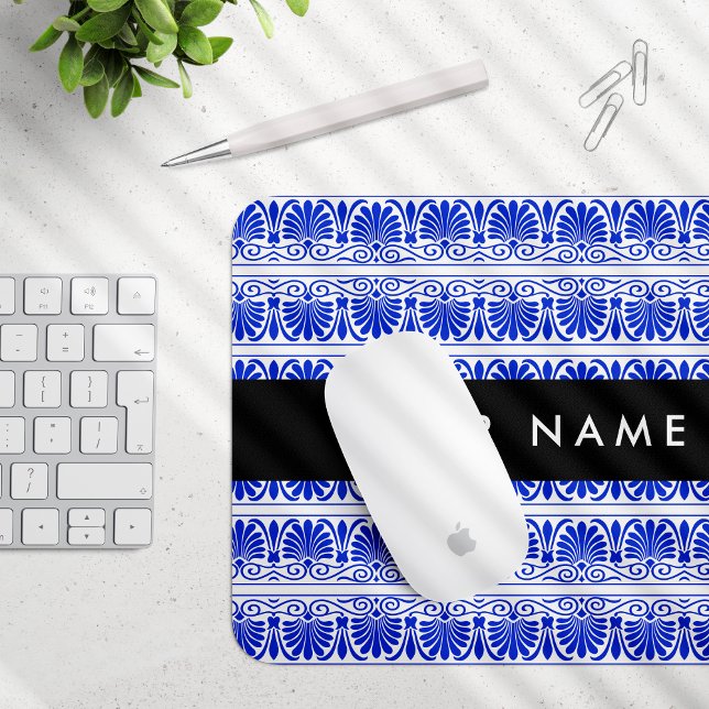 Mousepad Grego Fret Arabesque Azul, Seu Nome, Personalize (Criador carregado)