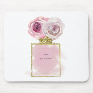Mousepad Grelha Floral Frasco de Perfume Rosas Rosa Dourada