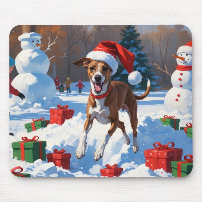 Mousepad Greyhound Correndo na Neve com Chapéu de Natal (Frente)