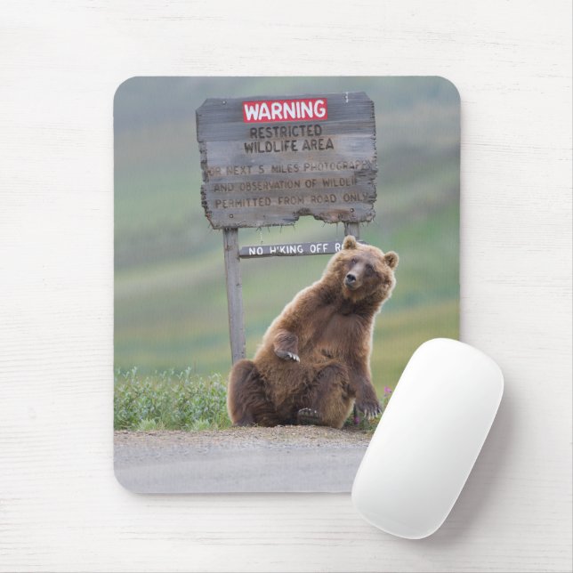 Mousepad Grizzly Bear Plays With Sign (Com mouse)