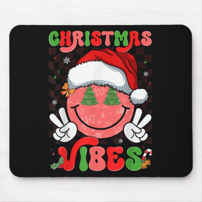 Mousepad Groovy Christmas Vibes Smile Face Santa Hat Xmas M (Frente)