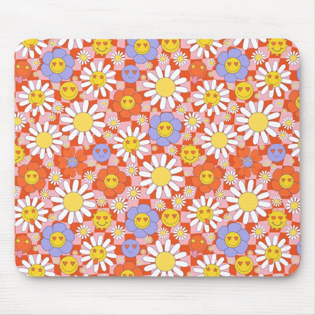 Mousepad Groovy Daisy Floral Xadrez, Y2K 90s  (Frente)
