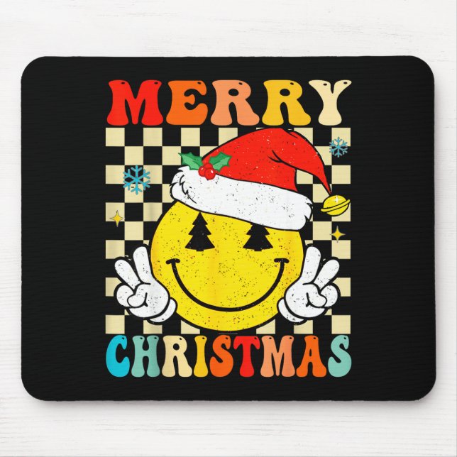 Mousepad Groovy Merry Christmas Smile Face Santa Hat Xmas T (Frente)