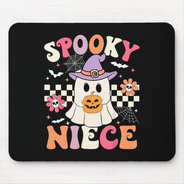 Mousepad Groovy Spooky Niece Retro Ghost Segurando Pumpkin  (Frente)