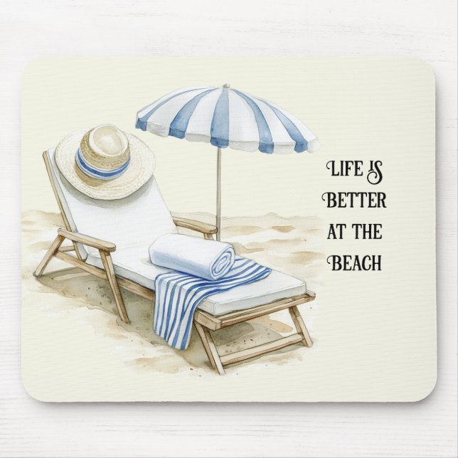 Mousepad Guarda-sol de Praia Azul Branco (Frente)