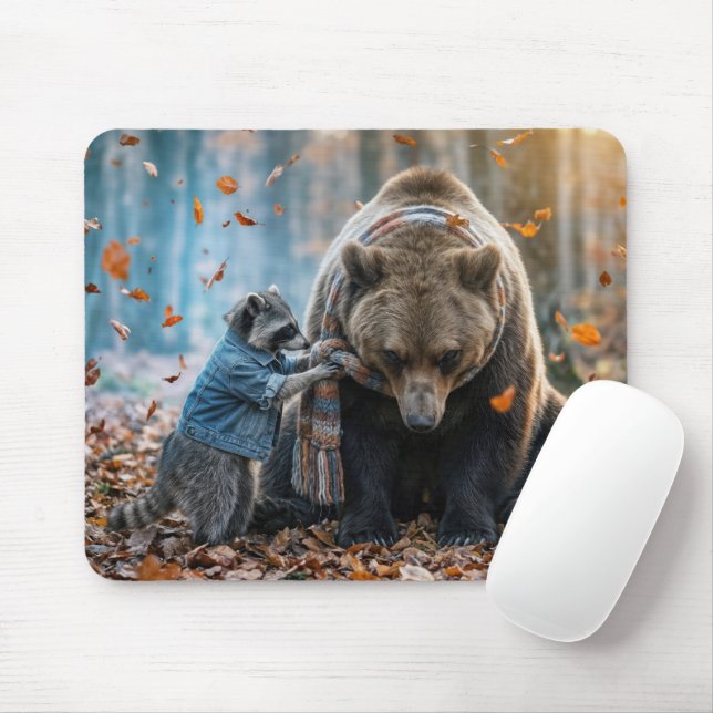 Mousepad Guaxinim Amarrando um Cachecol em um Urso (Com mouse)