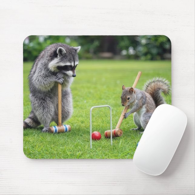 Mousepad Guaxinim e Esquilo Jogando Croqué (Com mouse)