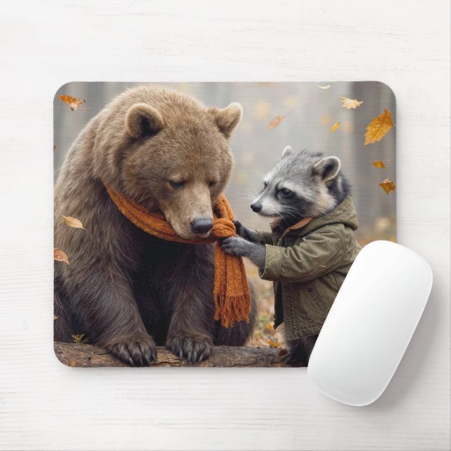 Mousepad Guaxinim e Urso na Floresta de Outono (Com mouse)