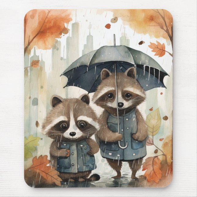 Mousepad Guaxinins Fofos na Chuva (Frente)