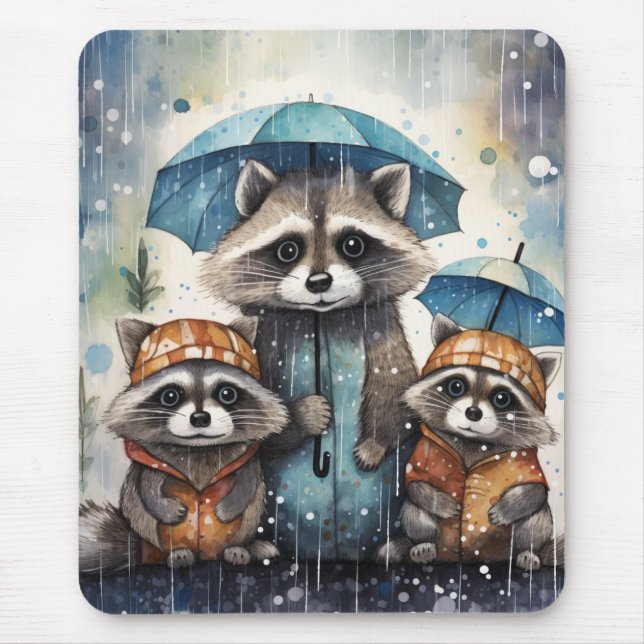Mousepad Guaxinins Fofos na Chuva (Frente)