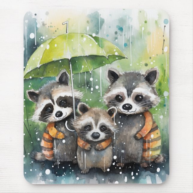 Mousepad Guaxinins Fofos na Chuva (Frente)