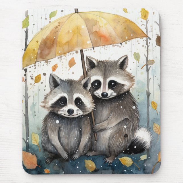 Mousepad Guaxinins Fofos na Chuva (Frente)