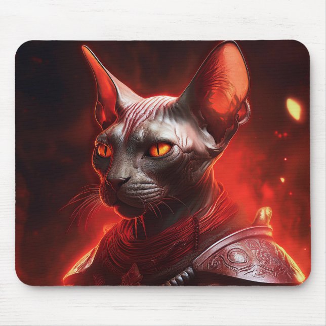 Mousepad Guerreiro de Gato Esfinge Steampunk Olhando Feroz (Frente)
